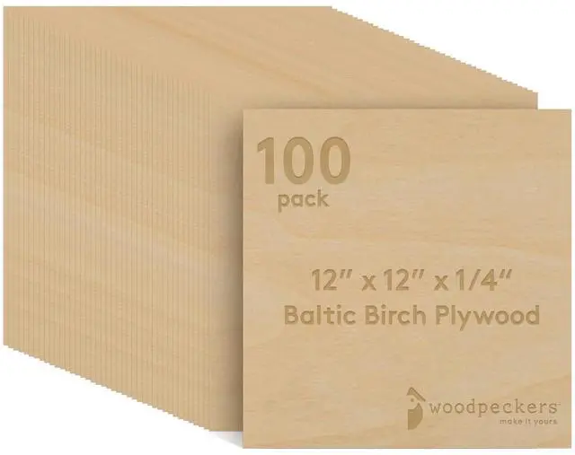 Main image of Baltic Birch Plywood, 6 mm 1/4 x 12 x 12 Inch Craft Wood, Box of 100 B/BB Grade Baltic Birch Sheets, Perfect for Laser, CNC Cutting and Wood Burning, by