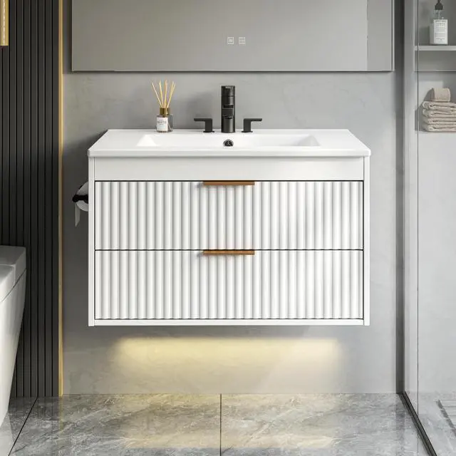 Main image of 30 Inch Floating Bathroom Vanity with Sink & Towel Holder, Fluted Wall Mounted Vanity Cabinet, Modern Bathroom Combo with LED Light, Metal Handle & Double Soft-Closing Drawers, White