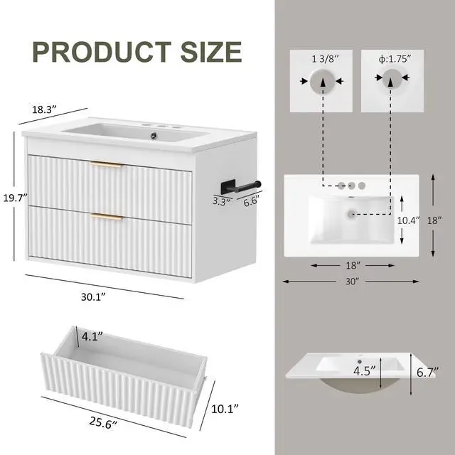 Alt view image 2 of 6 - 30 Inch Floating Bathroom Vanity with Sink & Towel Holder, Fluted Wall Mounted Vanity Cabinet, Modern Bathroom Combo with LED Light, Metal Handle & Double Soft-Closing Drawers, White