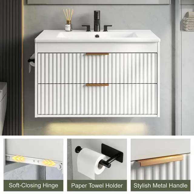 Alt view image 4 of 6 - 30 Inch Floating Bathroom Vanity with Sink & Towel Holder, Fluted Wall Mounted Vanity Cabinet, Modern Bathroom Combo with LED Light, Metal Handle & Double Soft-Closing Drawers, White