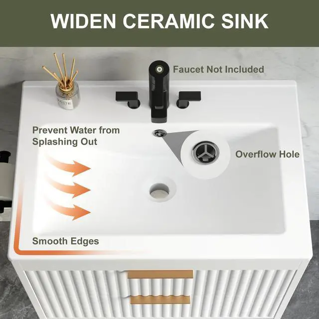Alt view image 5 of 6 - 30 Inch Floating Bathroom Vanity with Sink & Towel Holder, Fluted Wall Mounted Vanity Cabinet, Modern Bathroom Combo with LED Light, Metal Handle & Double Soft-Closing Drawers, White