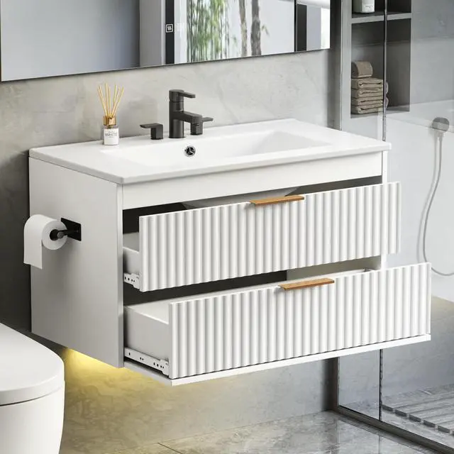 Alt view image 6 of 6 - 30 Inch Floating Bathroom Vanity with Sink & Towel Holder, Fluted Wall Mounted Vanity Cabinet, Modern Bathroom Combo with LED Light, Metal Handle & Double Soft-Closing Drawers, White