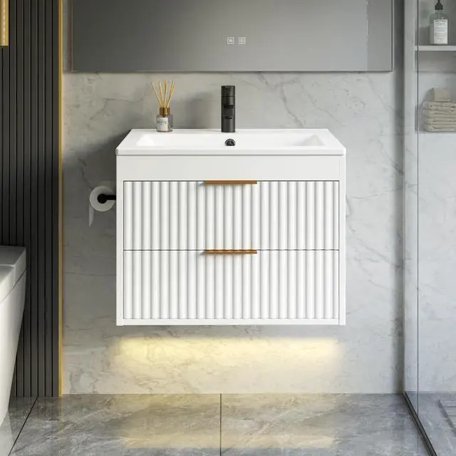 Main image of 24 Inch Floating Bathroom Vanity with Sink & Towel Holder, Fluted Wall Mounted Vanity Cabinet for Small Bathroom, Modern Combo with LED Light, Metal Handle & Soft-Closing Drawers, White