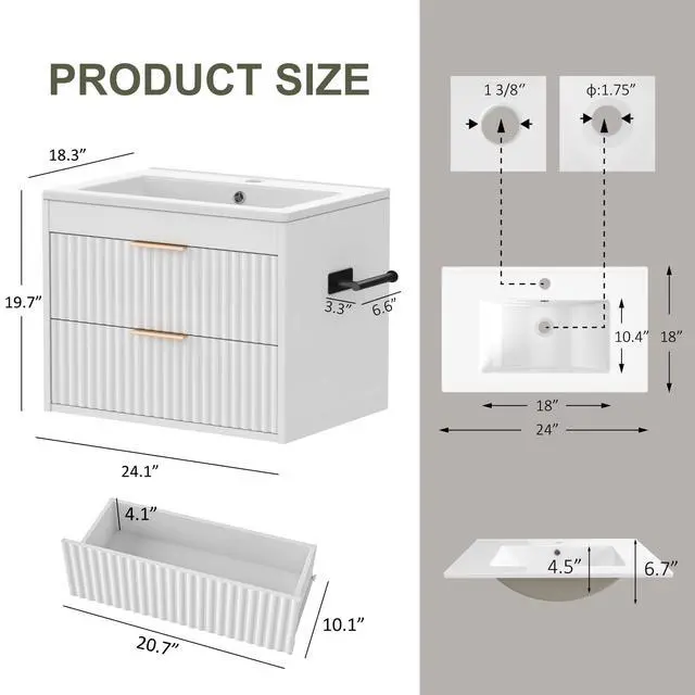 Alt view image 2 of 6 - 24 Inch Floating Bathroom Vanity with Sink & Towel Holder, Fluted Wall Mounted Vanity Cabinet for Small Bathroom, Modern Combo with LED Light, Metal Handle & Soft-Closing Drawers, White