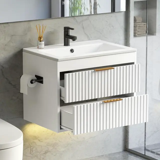 Alt view image 4 of 6 - 24 Inch Floating Bathroom Vanity with Sink & Towel Holder, Fluted Wall Mounted Vanity Cabinet for Small Bathroom, Modern Combo with LED Light, Metal Handle & Soft-Closing Drawers, White