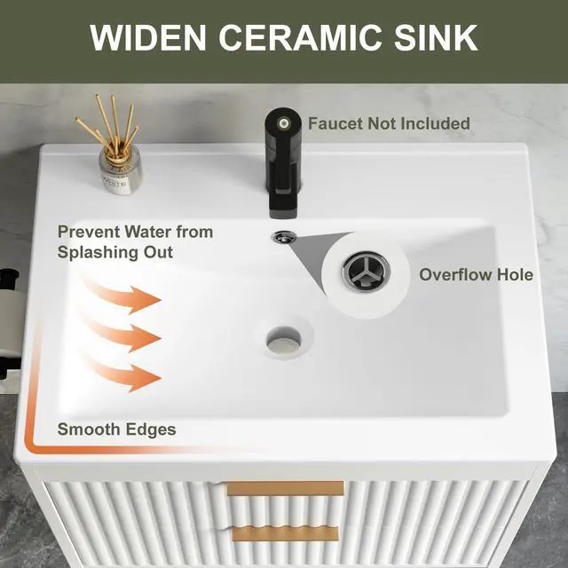 Alt view image 5 of 6 - 24 Inch Floating Bathroom Vanity with Sink & Towel Holder, Fluted Wall Mounted Vanity Cabinet for Small Bathroom, Modern Combo with LED Light, Metal Handle & Soft-Closing Drawers, White