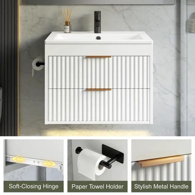 Alt view image 6 of 6 - 24 Inch Floating Bathroom Vanity with Sink & Towel Holder, Fluted Wall Mounted Vanity Cabinet for Small Bathroom, Modern Combo with LED Light, Metal Handle & Soft-Closing Drawers, White