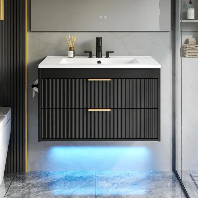 Main image of 30 Inch Floating Bathroom Vanity with Sink & Towel Holder, Fluted Wall Mounted Vanity Cabinet, Modern Bathroom Combo with LED Light, Metal Handle & Double Soft-Closing Drawers, Black