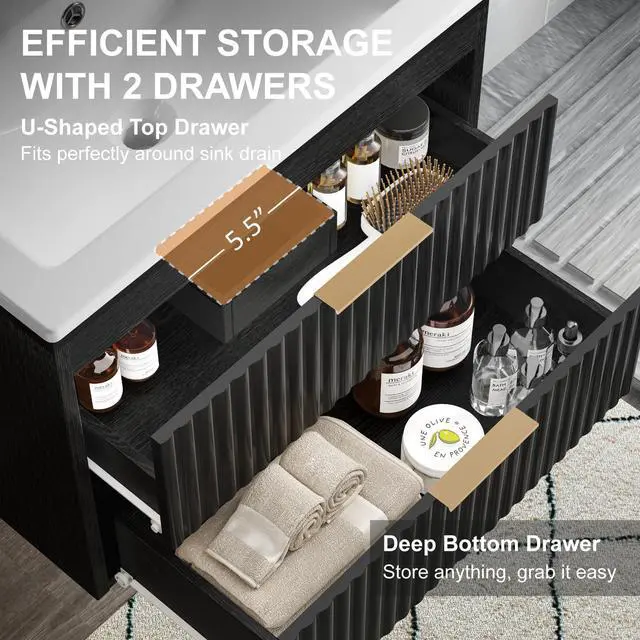 Alt view image 3 of 6 - 30 Inch Floating Bathroom Vanity with Sink & Towel Holder, Fluted Wall Mounted Vanity Cabinet, Modern Bathroom Combo with LED Light, Metal Handle & Double Soft-Closing Drawers, Black