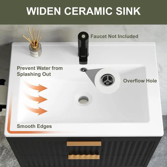 Alt view image 4 of 6 - 30 Inch Floating Bathroom Vanity with Sink & Towel Holder, Fluted Wall Mounted Vanity Cabinet, Modern Bathroom Combo with LED Light, Metal Handle & Double Soft-Closing Drawers, Black