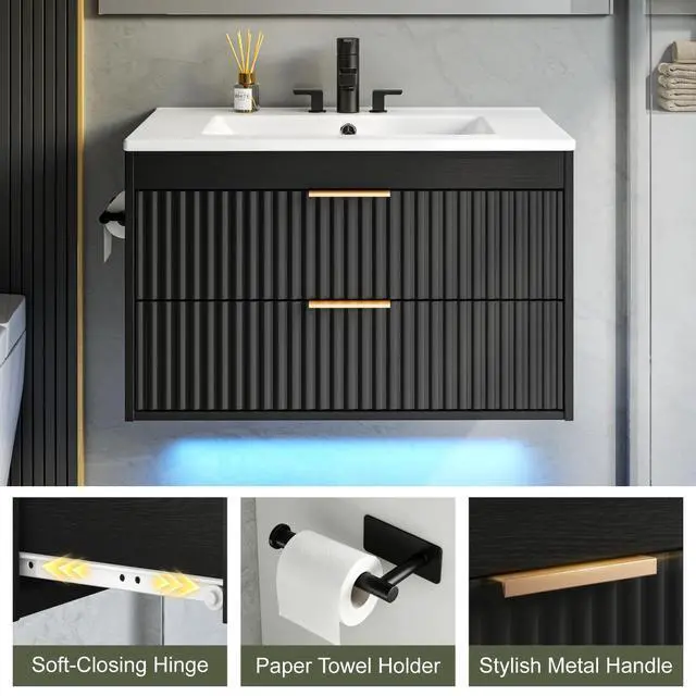 Alt view image 5 of 6 - 30 Inch Floating Bathroom Vanity with Sink & Towel Holder, Fluted Wall Mounted Vanity Cabinet, Modern Bathroom Combo with LED Light, Metal Handle & Double Soft-Closing Drawers, Black