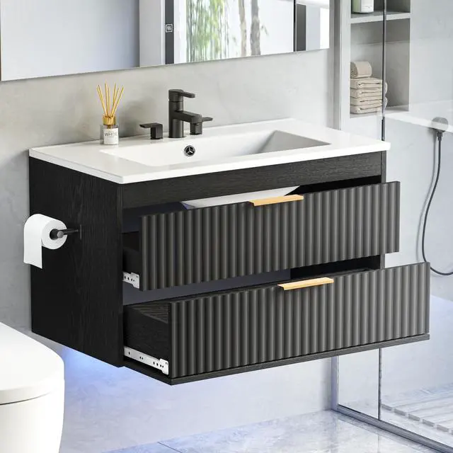 Alt view image 6 of 6 - 30 Inch Floating Bathroom Vanity with Sink & Towel Holder, Fluted Wall Mounted Vanity Cabinet, Modern Bathroom Combo with LED Light, Metal Handle & Double Soft-Closing Drawers, Black