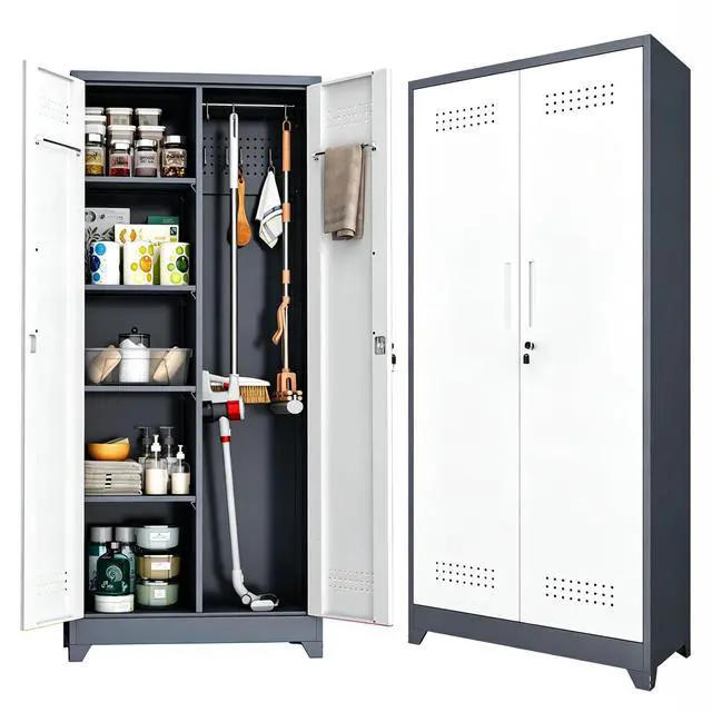 Main image of Metal Storage Cabinet 72" Tall, Garage Storage Cabinet with Lockable Doors & Shelves, Utility Broom Closet, Steel Tool Cabinet for Garage, Laundry Room, Home Office, Grey/White