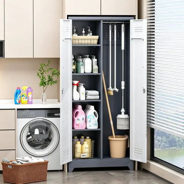 Alt view image 2 of 6 - Metal Storage Cabinet 72" Tall, Garage Storage Cabinet with Lockable Doors & Shelves, Utility Broom Closet, Steel Tool Cabinet for Garage, Laundry Room, Home Office, Grey/White