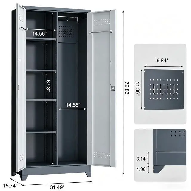 Alt view image 3 of 6 - Metal Storage Cabinet 72" Tall, Garage Storage Cabinet with Lockable Doors & Shelves, Utility Broom Closet, Steel Tool Cabinet for Garage, Laundry Room, Home Office, Grey/White