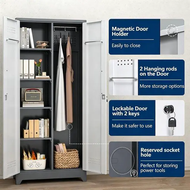 Alt view image 4 of 6 - Metal Storage Cabinet 72" Tall, Garage Storage Cabinet with Lockable Doors & Shelves, Utility Broom Closet, Steel Tool Cabinet for Garage, Laundry Room, Home Office, Grey/White