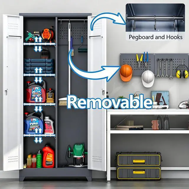 Alt view image 5 of 6 - Metal Storage Cabinet 72" Tall, Garage Storage Cabinet with Lockable Doors & Shelves, Utility Broom Closet, Steel Tool Cabinet for Garage, Laundry Room, Home Office, Grey/White