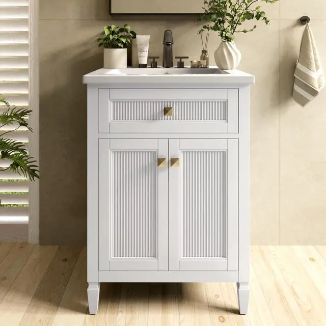 Main image of 24 Inch Bathroom Vanity with Sink, Solid Wood Bathroom Sink Cabinet with Nano Clean Integrated Sink, Soft Closing 2 Doors & Adjustable Shelf, Easy Assembly, Geat for Small Spaces, White