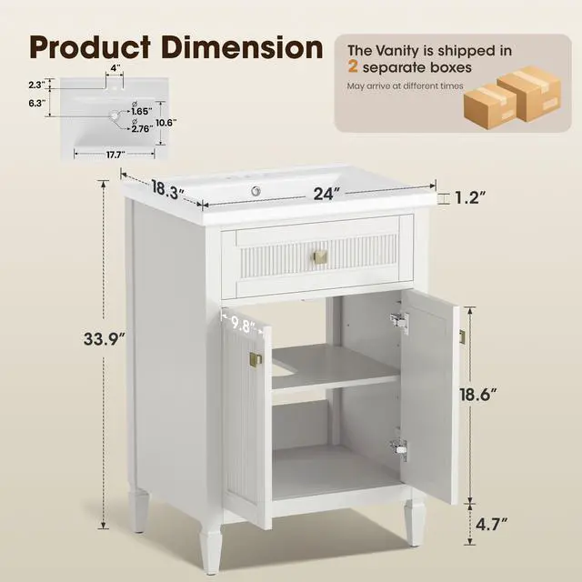 Alt view image 2 of 6 - 24 Inch Bathroom Vanity with Sink, Solid Wood Bathroom Sink Cabinet with Nano Clean Integrated Sink, Soft Closing 2 Doors & Adjustable Shelf, Easy Assembly, Geat for Small Spaces, White