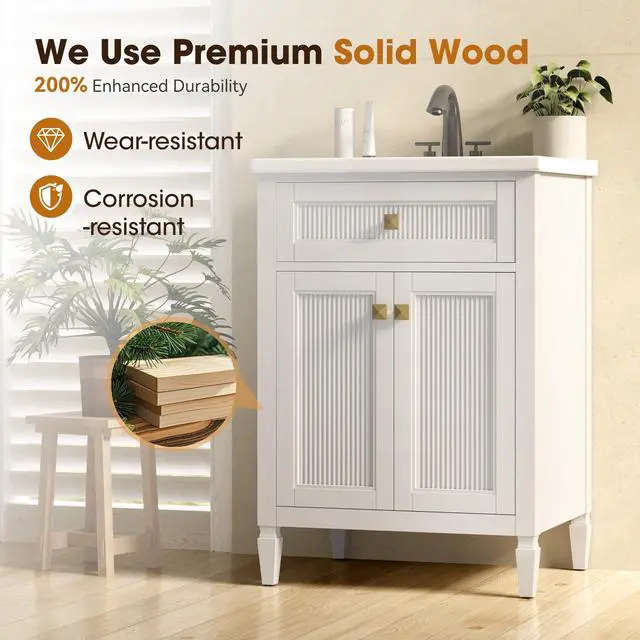 Alt view image 4 of 6 - 24 Inch Bathroom Vanity with Sink, Solid Wood Bathroom Sink Cabinet with Nano Clean Integrated Sink, Soft Closing 2 Doors & Adjustable Shelf, Easy Assembly, Geat for Small Spaces, White