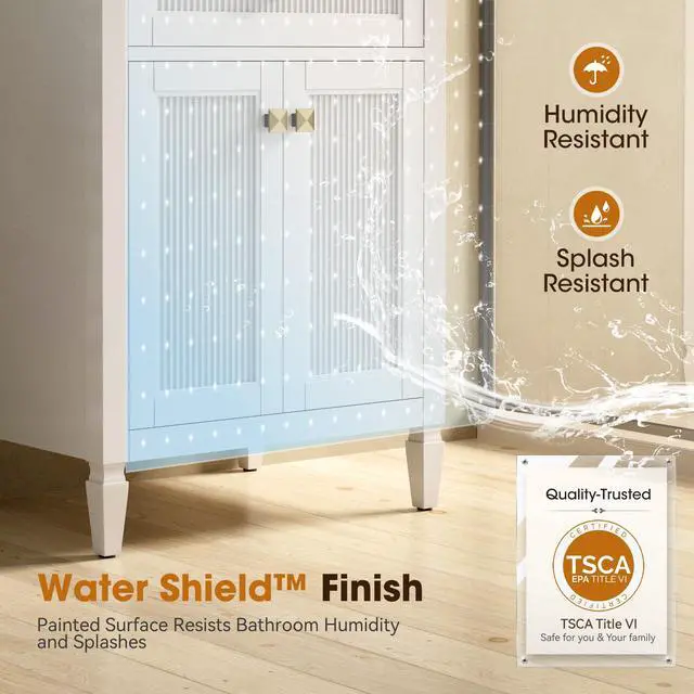 Alt view image 5 of 6 - 24 Inch Bathroom Vanity with Sink, Solid Wood Bathroom Sink Cabinet with Nano Clean Integrated Sink, Soft Closing 2 Doors & Adjustable Shelf, Easy Assembly, Geat for Small Spaces, White