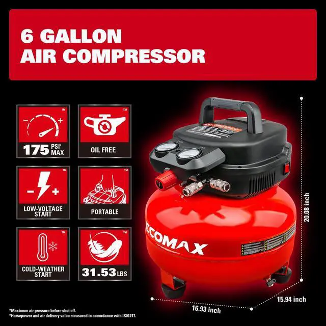 Alt view image 3 of 6 - Air Compressor, 6-Gallon Pancake Air Compressor, MAX 175PSI, Compressor for Air Tools with 10 PCS Air Compressor Accessories Kit