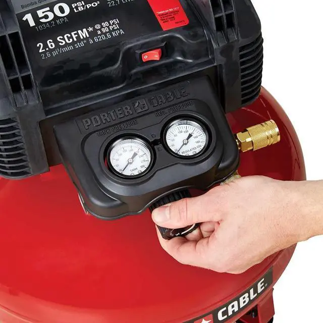 Alt view image 4 of 6 - [ { "text": "Portable Pancake Air Compressor ", "type": "text" }, { "cellPosition": null, "link": "http://PXCM2002.COM", "text": "PXCM2002.COM", "type": "url" }, { "text": " | 6 Gallon, 150 Max PSI",