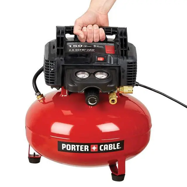 Alt view image 5 of 6 - [ { "text": "Portable Pancake Air Compressor ", "type": "text" }, { "cellPosition": null, "link": "http://PXCM2002.COM", "text": "PXCM2002.COM", "type": "url" }, { "text": " | 6 Gallon, 150 Max PSI",