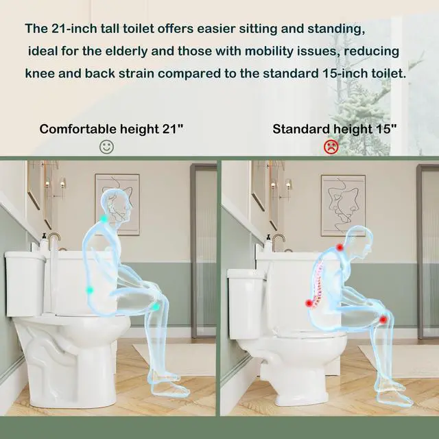 Alt view image 2 of 6 - 21 Inch Tall Toilet Elongated with Comfort Chair Seat, 1.28 Gpf Powerful Dual Flush Extra Tall Toilets, 12 Inch Rough In Bathrooms, Comfort Height Toilet for Seniors & Tall Person