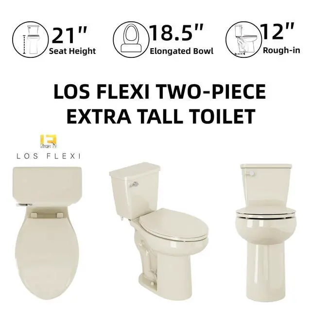 Alt view image 2 of 6 - 21 Inch Extra Tall Toilet in Bisque, Comfort High Beige Toilet for Seniors, Elongated Bowl, Two-Piece Bone Color Design, 1.28 GPF Single Flush, Soft-Close Seat, 12-Inch Rough-In