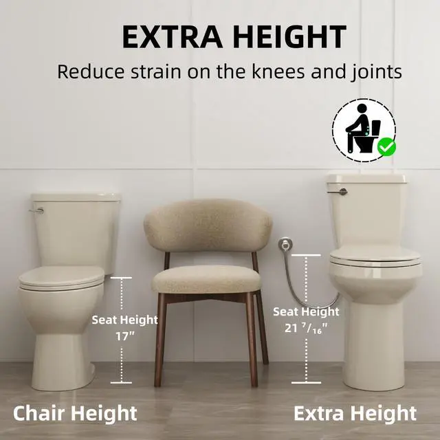 Alt view image 3 of 6 - 21 Inch Extra Tall Toilet in Bisque, Comfort High Beige Toilet for Seniors, Elongated Bowl, Two-Piece Bone Color Design, 1.28 GPF Single Flush, Soft-Close Seat, 12-Inch Rough-In