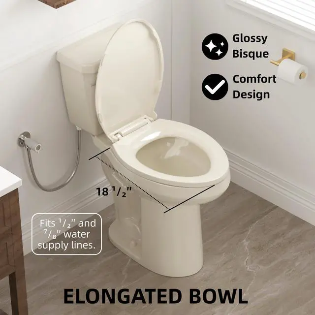 Alt view image 6 of 6 - 21 Inch Extra Tall Toilet in Bisque, Comfort High Beige Toilet for Seniors, Elongated Bowl, Two-Piece Bone Color Design, 1.28 GPF Single Flush, Soft-Close Seat, 12-Inch Rough-In