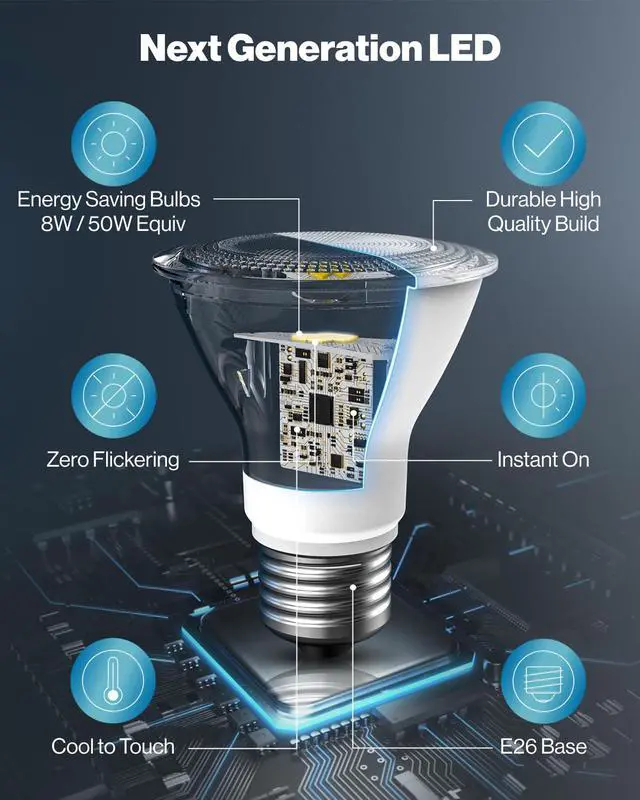 Alt view image 4 of 6 - Sunco 80 Pack PAR20 LED Bulb,Track Light Bulbs Flood Lighting Indoor Outdoor, High Brightness, 800 LM, 8W (50W Equivalent), 2700K Warm White, Dimmable, E26 Medium Base, Exterior, Wet Rated UL