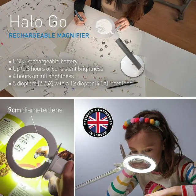 Alt view image 6 of 6 - Company Halo Go Magnifier Lamp, Rechargeable USB, Portable, Lightweight, Desk Lamp Reading, Hobbies, Sewing, Crafts, Nail Salon, Handcrafts and More, Colour Temperature: 6,000 K, White