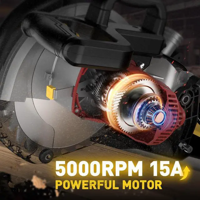 Alt view image 2 of 6 - 10-inch Compound Miter Saw, 5000RPM, 15 Amp, Single Bevel 0-45° with Extension Table, 36T Blade, Power Saw for Metal, Plastic, Wood, Laminates