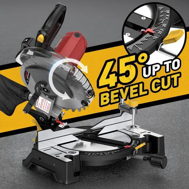 Alt view image 3 of 6 - 10-inch Compound Miter Saw, 5000RPM, 15 Amp, Single Bevel 0-45° with Extension Table, 36T Blade, Power Saw for Metal, Plastic, Wood, Laminates