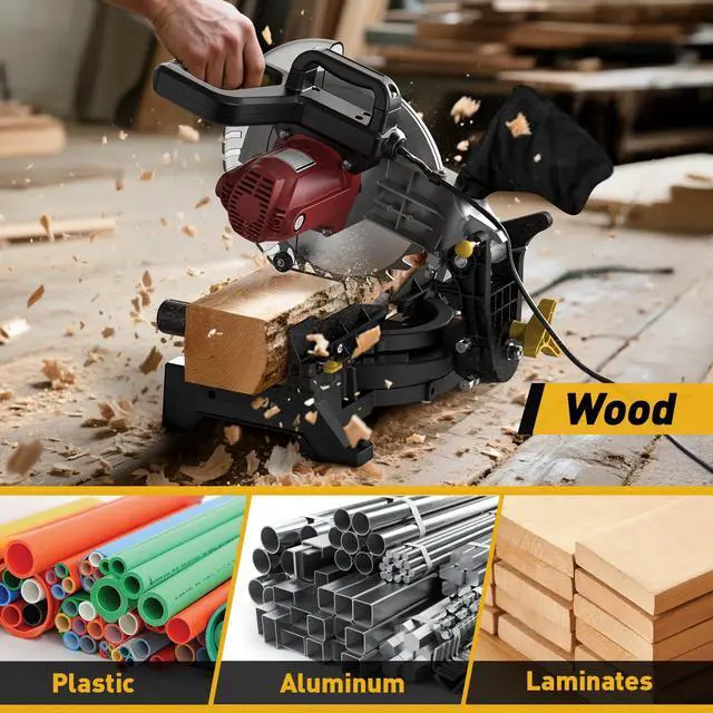 Alt view image 4 of 6 - 10-inch Compound Miter Saw, 5000RPM, 15 Amp, Single Bevel 0-45° with Extension Table, 36T Blade, Power Saw for Metal, Plastic, Wood, Laminates