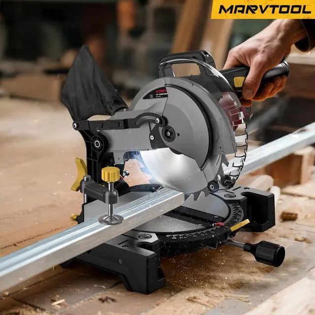 Alt view image 6 of 6 - 10-inch Compound Miter Saw, 5000RPM, 15 Amp, Single Bevel 0-45° with Extension Table, 36T Blade, Power Saw for Metal, Plastic, Wood, Laminates