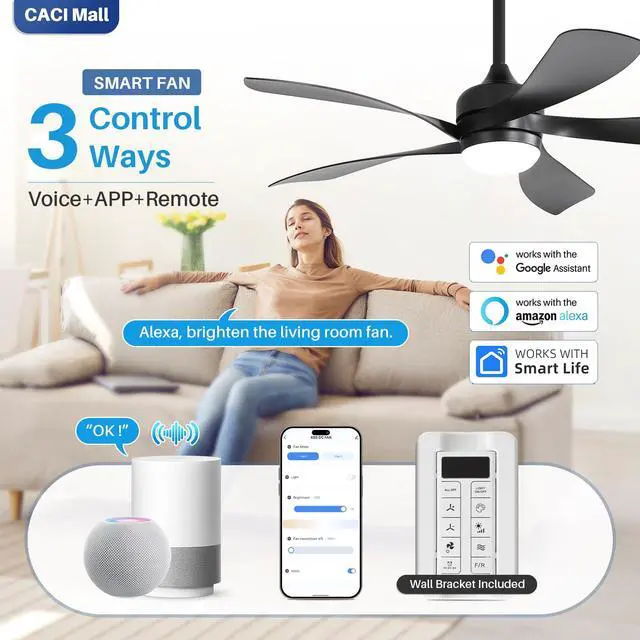 Alt view image 2 of 6 - 52 inch Smart Ceiling Fan with Lights, Remote Control, Compatible with Alexa/Google/App, 5 Blades, Dimmable Lighting, Quiet, Indoor/Outdoor Ceiling Fans for Living Room, Bedroom, Patios