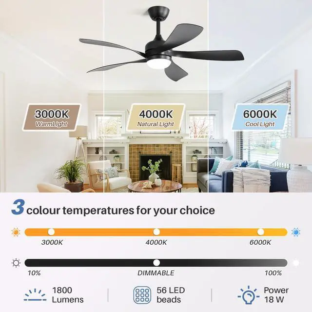 Alt view image 4 of 6 - 52 inch Smart Ceiling Fan with Lights, Remote Control, Compatible with Alexa/Google/App, 5 Blades, Dimmable Lighting, Quiet, Indoor/Outdoor Ceiling Fans for Living Room, Bedroom, Patios