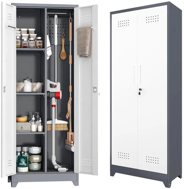 Main image of Metal Storage Cabinet with Lockable Doors, 65" Steel Utility Cabinet for Garage & Home Office, Tall Broom Closet with Adjustable Shelves, Vents & Cable Hole for Tools, White/Grey