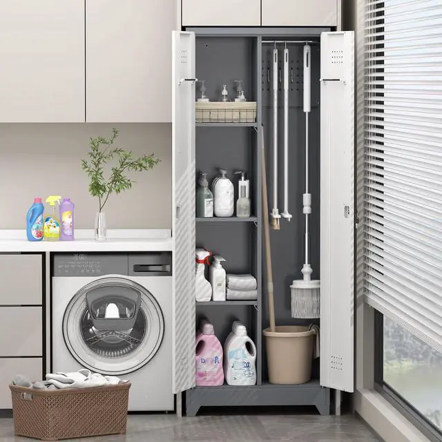 Alt view image 2 of 6 - Metal Storage Cabinet with Lockable Doors, 65" Steel Utility Cabinet for Garage & Home Office, Tall Broom Closet with Adjustable Shelves, Vents & Cable Hole for Tools, White/Grey
