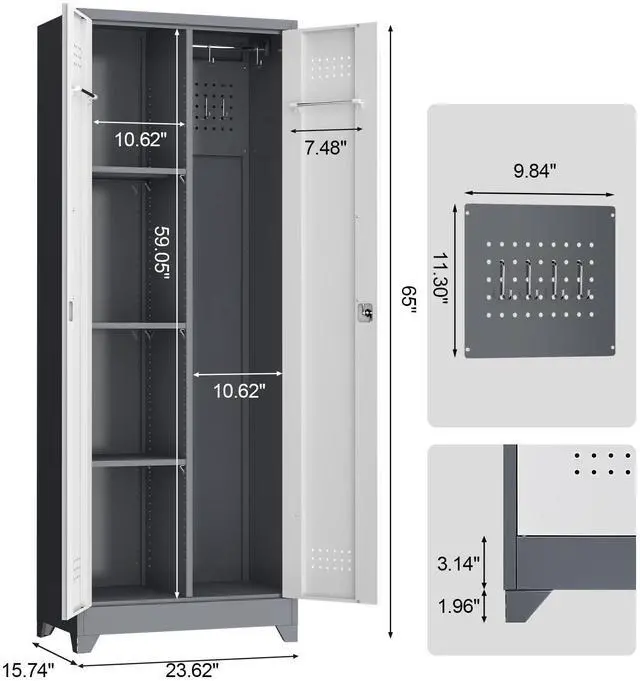 Alt view image 3 of 6 - Metal Storage Cabinet with Lockable Doors, 65" Steel Utility Cabinet for Garage & Home Office, Tall Broom Closet with Adjustable Shelves, Vents & Cable Hole for Tools, White/Grey