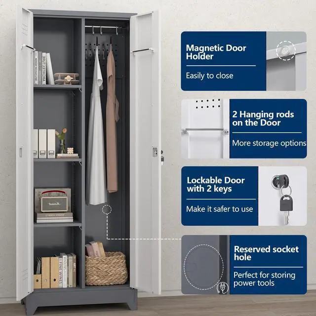 Alt view image 4 of 6 - Metal Storage Cabinet with Lockable Doors, 65" Steel Utility Cabinet for Garage & Home Office, Tall Broom Closet with Adjustable Shelves, Vents & Cable Hole for Tools, White/Grey
