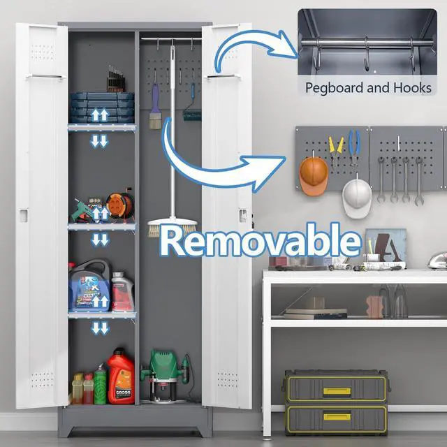 Alt view image 5 of 6 - Metal Storage Cabinet with Lockable Doors, 65" Steel Utility Cabinet for Garage & Home Office, Tall Broom Closet with Adjustable Shelves, Vents & Cable Hole for Tools, White/Grey
