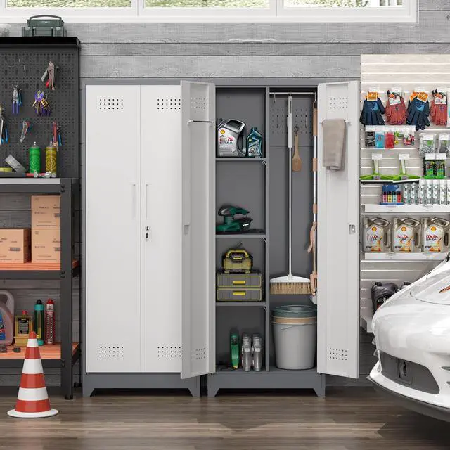 Alt view image 6 of 6 - Metal Storage Cabinet with Lockable Doors, 65" Steel Utility Cabinet for Garage & Home Office, Tall Broom Closet with Adjustable Shelves, Vents & Cable Hole for Tools, White/Grey