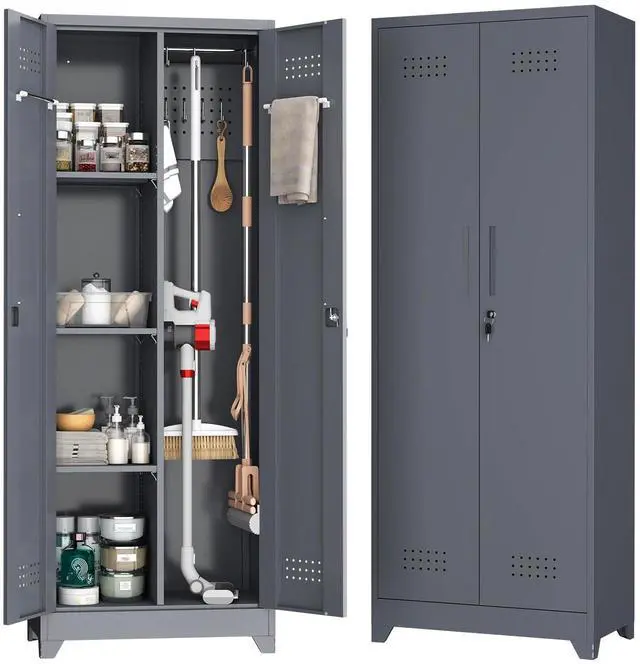 Main image of Broom Closet,Broom Closet Storage Cabinets with Lock, 65" Metal Garage Organization Cabinet,Cleaning SupplyUtility Storage Cabinet with Pegboard & Shelves for Laundry Room,Workshop