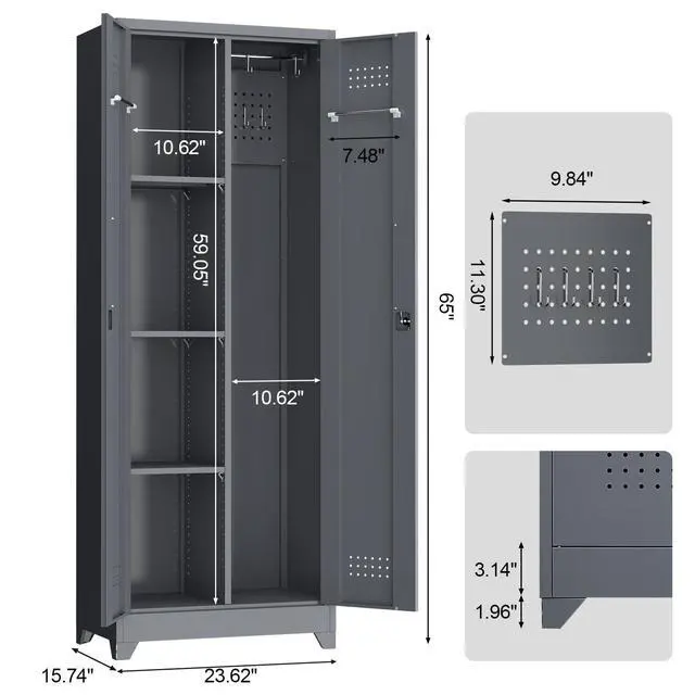 Alt view image 3 of 6 - Broom Closet,Broom Closet Storage Cabinets with Lock, 65" Metal Garage Organization Cabinet,Cleaning SupplyUtility Storage Cabinet with Pegboard & Shelves for Laundry Room,Workshop