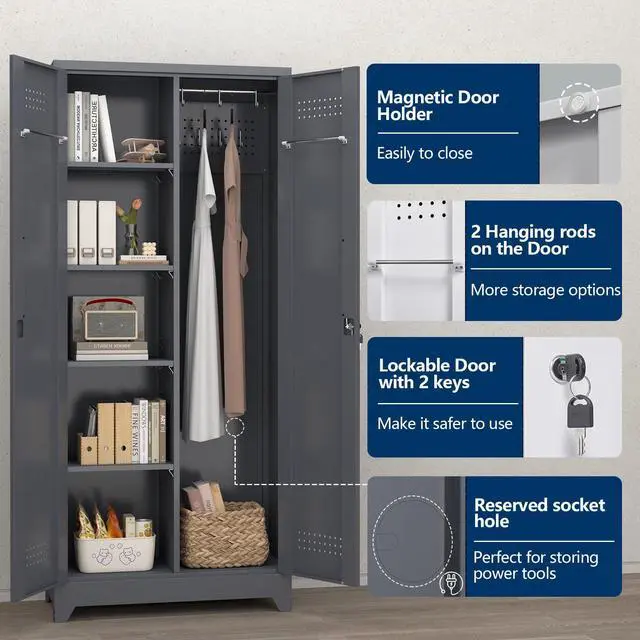 Alt view image 4 of 6 - Broom Closet,Broom Closet Storage Cabinets with Lock, 65" Metal Garage Organization Cabinet,Cleaning SupplyUtility Storage Cabinet with Pegboard & Shelves for Laundry Room,Workshop