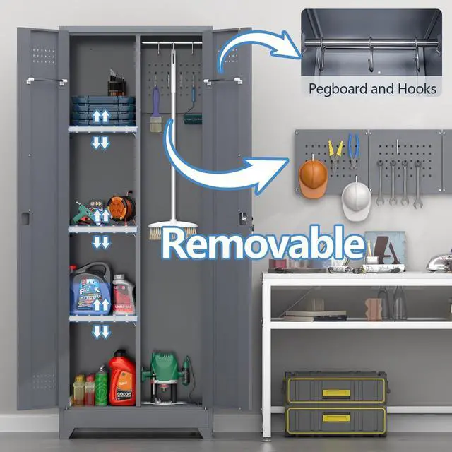 Alt view image 5 of 6 - Broom Closet,Broom Closet Storage Cabinets with Lock, 65" Metal Garage Organization Cabinet,Cleaning SupplyUtility Storage Cabinet with Pegboard & Shelves for Laundry Room,Workshop